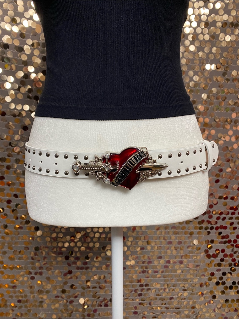 White studded belt with red and silver heart buckle #475